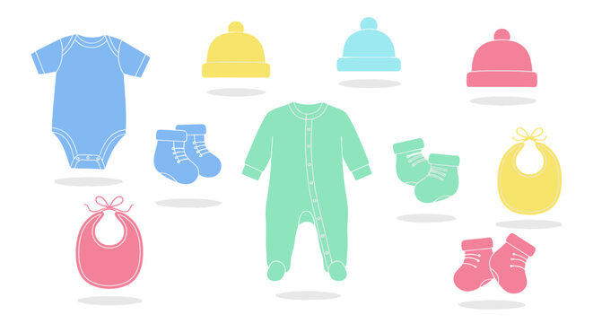 Baby Clothes Collection: Onesie, Pajamas, Hats, Socks, Bibs in Pastel Colors