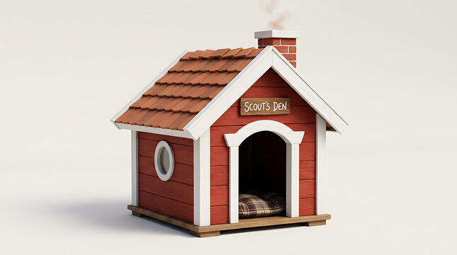Cute red doghouse with white roof and wooden door illustration
