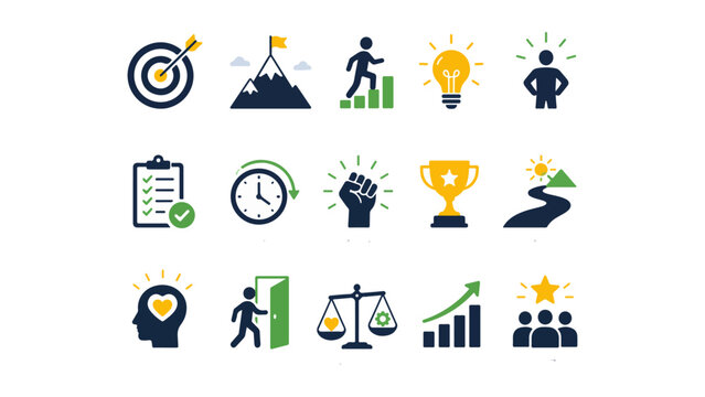 Motivation Success Goal Icon Set - 15 Flat Color Vector Target Trophy Growth Team Business Coaching Adobe Stock