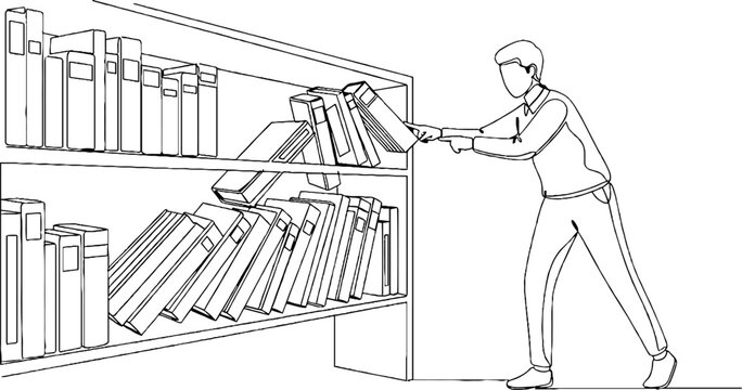 Man organizing books on a library shelf.