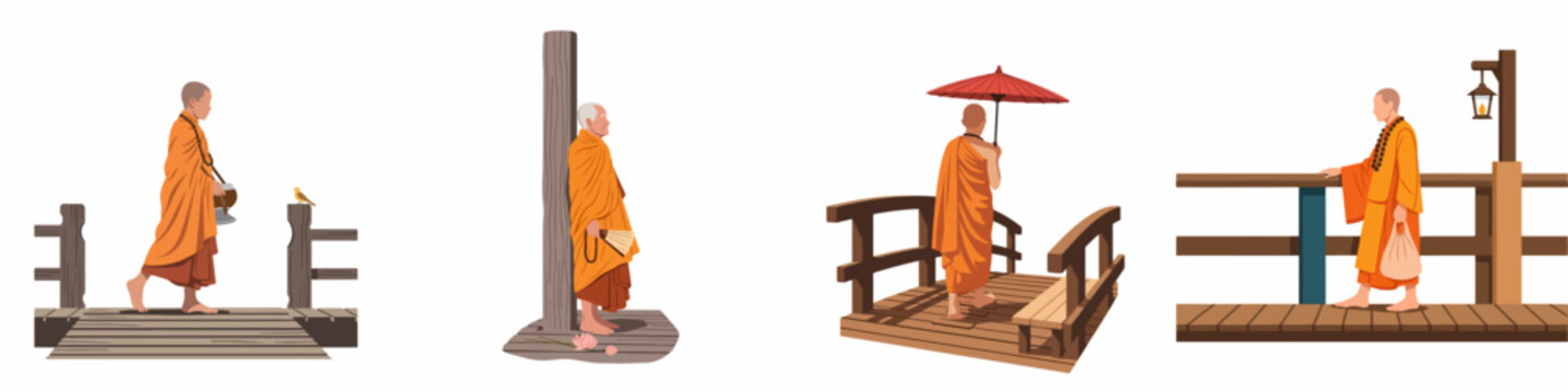 Set of four illustrations depicting Buddhist monks in orange robes walking and standing on wooden bridges and decks, capturing a serene spiritual atmosphere.