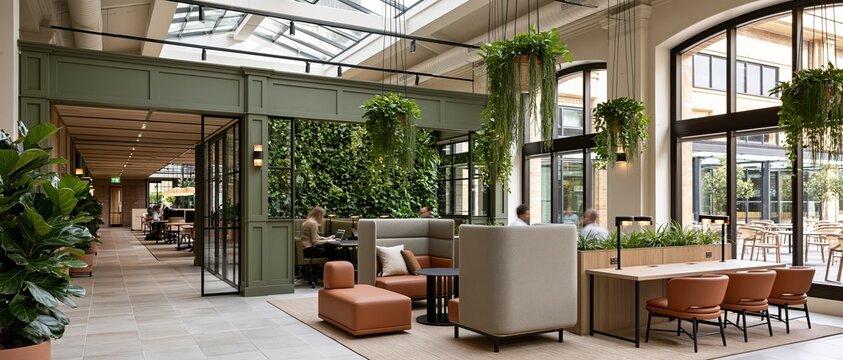 Aspirational flexible workspace blends nature and productivity lush vertical garden, hanging plants, skylight atrium, and warm leather seating create a premium collaborative office.