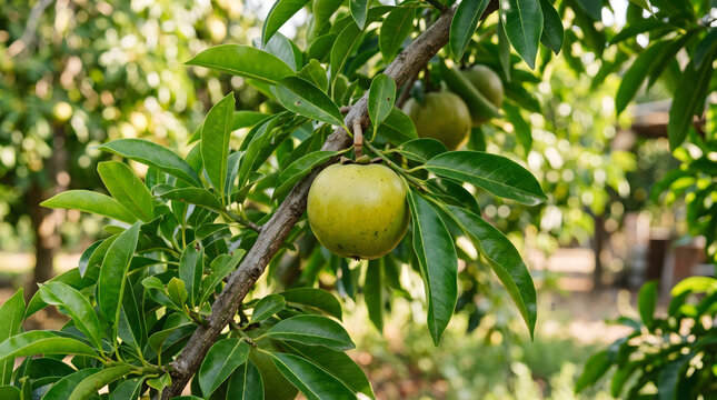Fresh green sapote fruit growing on a tree branch in a garden