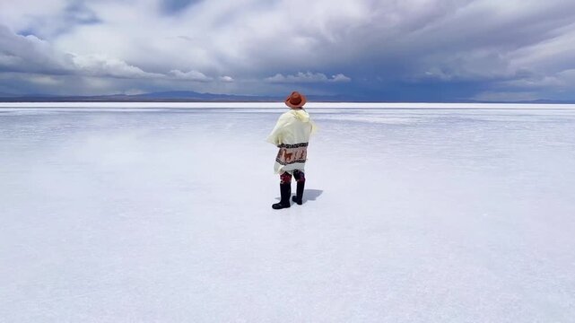 Traveler wearing a poncho and hat looking at the horizon in Salar de Uyuni salt desert