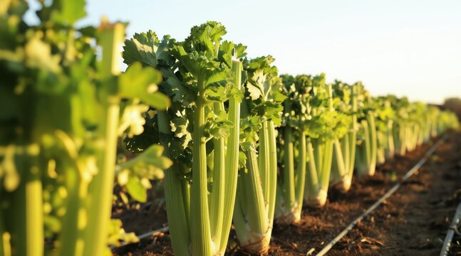 Fresh celery stalks grow in neat rows on organic farm field under bright sunshine. Agriculture scene shows healthy green plants ready for harvest. Crisp vegetable produce thrives in fertile soil.