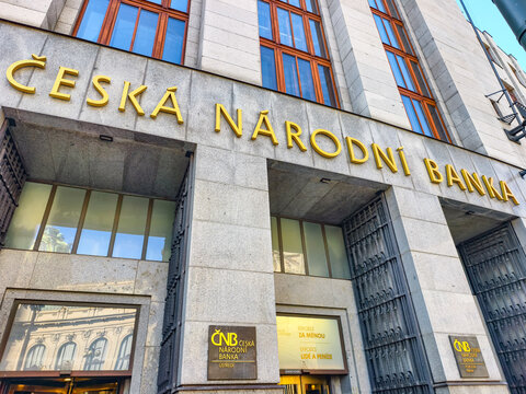Prague, Czech Republic - June 19, 2026: Exterior of the Czech National Bank headquarters featuring official signage, institutional architecture and the country's central financial authority