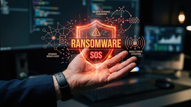 Hand holding a ransomware sos alert against a digital backdrop illustrating the importance of cybersecurity cyber threats and effective data protection strategies in today's digital landscape.