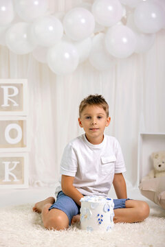 Beautiful adorable preschool boy with a pet dog in a studio., celebrating