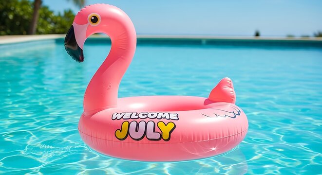 Pink inflatable unicorn float swimming in clear blue water.