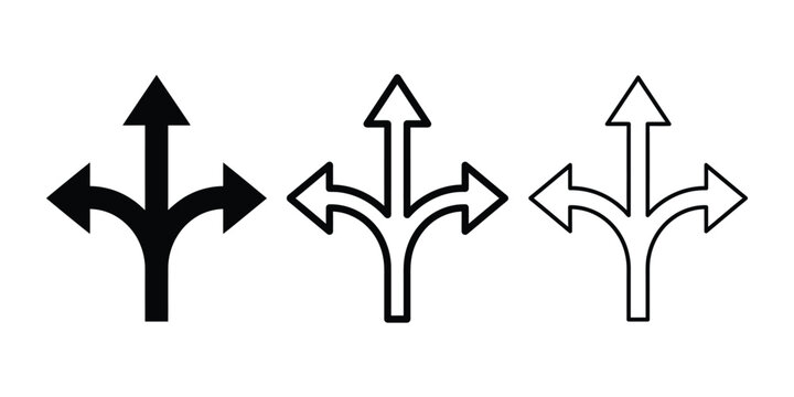 Direction arrow multiple paths icon silhouette vector, bold outline and line art design