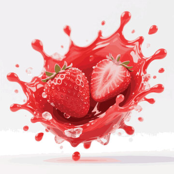 Isolated on Straberry juice splash. whole and slice of strawberry in juice spash 3d icons vector art on white background