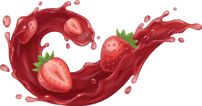 Isolated on Straberry juice splash. whole and slice of strawberry in juice spash 3d icons vector art on white background