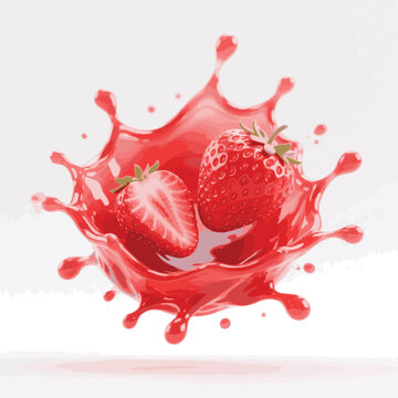 Isolated on Straberry juice splash. whole and slice of strawberry in juice spash 3d icons vector art on white background