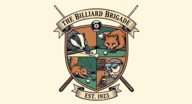 Animal Crest Billiard Brigade Fox Badger Squirrel Owl Playing Pool Game