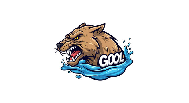 Angry Wolf Head Emerging from Water with "GOOL" Text - Fierce Animal Illustration