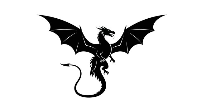 Black Dragon Silhouette with Wings Spread - Fantasy Creature