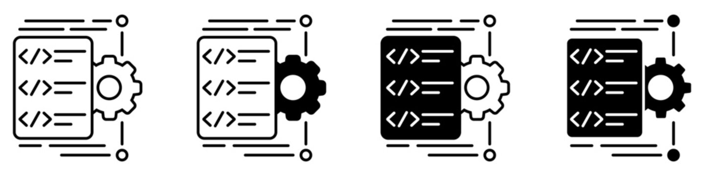 Program code icon vector set. Software development illustration sign collection. Coding script symbol. Programming language logo or mark.