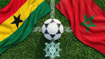 Naklejka premium Soccer ball on green grass field between Ghana and Morocco flags representing international football match or competition with national team spirit