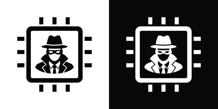 CPU hardware processor infected with a hacker virus icon. Black and white vector representing hardware vulnerability and cyber threat.