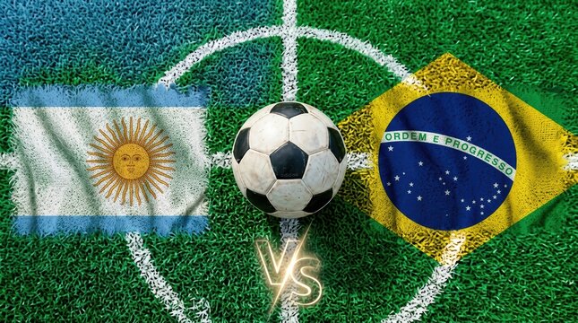Soccer ball on green grass field with Argentina and Brazil flags representing football match between two national teams ideal for sports events and