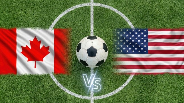 Soccer ball on green grass field with Canada and USA flags on either side of center circle representing international football match between Canada and United