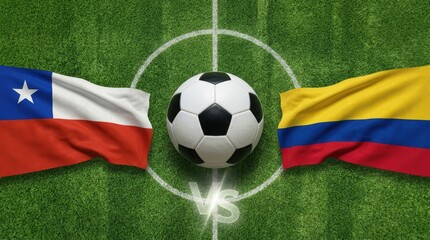 Fototapeta premium Soccer ball on green grass field with Chile and Colombia flags on either side representing international football match between the two national teams perfect