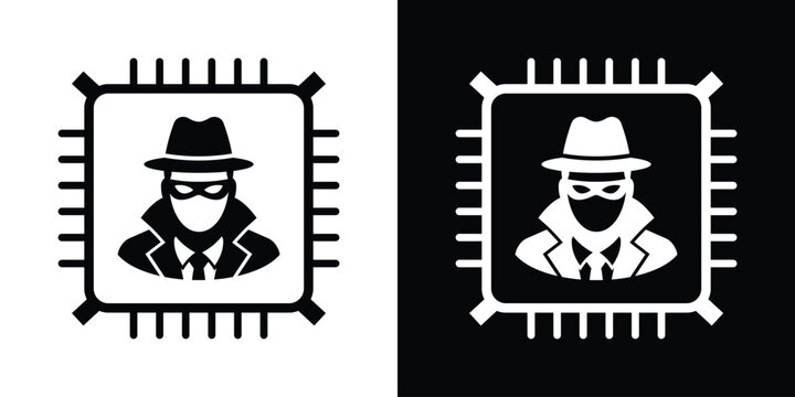 CPU hardware processor infected with a hacker virus icon. Black and white vector representing hardware vulnerability and cyber threat.