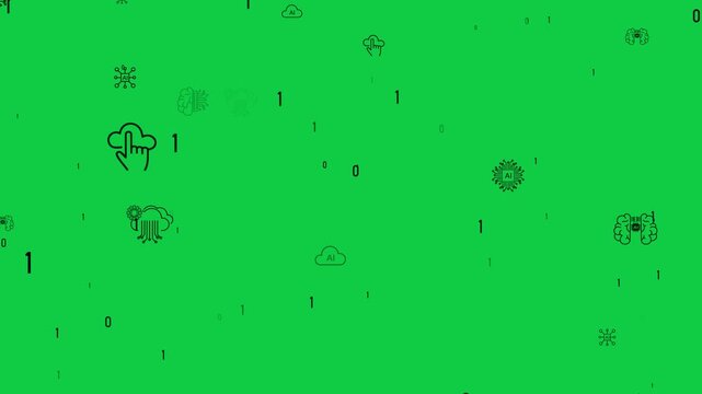 artificial intelligence icons technology computer science on green screen animation, chroma key ai futuristic stream isolated social media motion design element