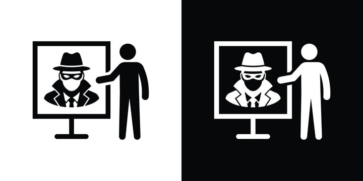 Presentation board showing a cyber security training or hacker threat icon. Speaker pointing to a masked spy graphic in a black and white vector.