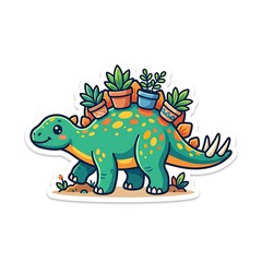Fototapeta premium Cute Cartoon Stegosaurus Dinosaur Sticker with Potted Plants