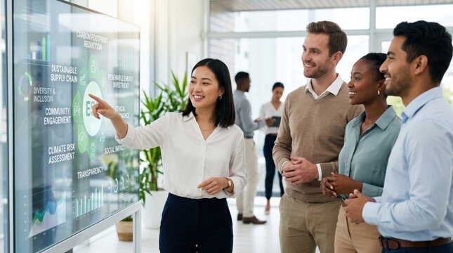Asian woman presenting ESG dashboard on glass wall to diverse team in corporate lobby