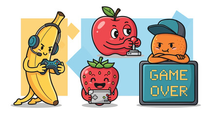 Cute cartoon fruits playing video games, gaming characters, fun, entertainment, game over concept © Wahyu