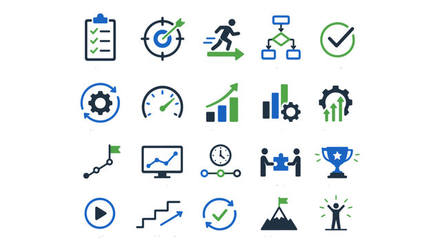 Business Productivity Icon Set - 20 Flat Color Vector Checklist Growth Chart Flowchart Teamwork Goal Adobe Stock