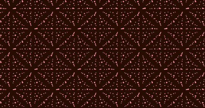 Abstract geometric pattern of glowing teal dots arranged in a repeating grid, digital motion background with pulsating light nodes.