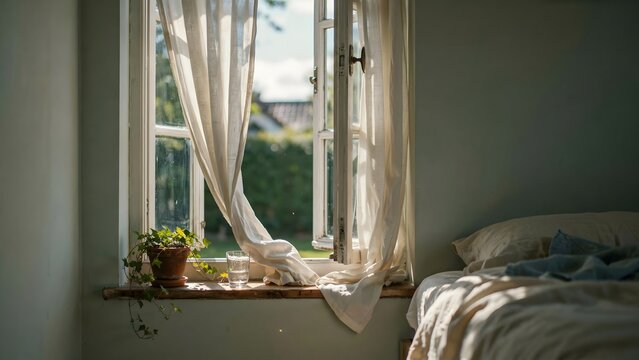 Summer breeze flowing through bedroom window &ndash; Great for comforting textile marketing, relaxation guides, or domestic lifestyle ads.