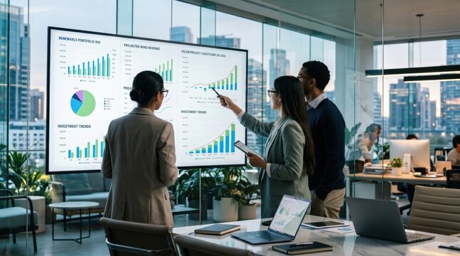 Business team analyzing renewable energy data on large screen, corporate strategy meeting, financial charts, investment trends, sustainable growth planning in modern office.