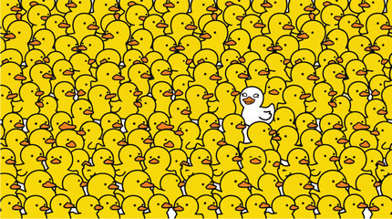 A single white duckling stands out among a crowd of many yellow ducklings swimming together in a pond. © faisalaladabi