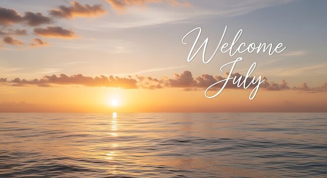 Golden sunrise over calm ocean with welcome text overlay.