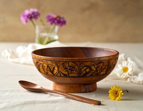 A wooden bowl with intricate floral designs sits on a table with a spoon and flowers