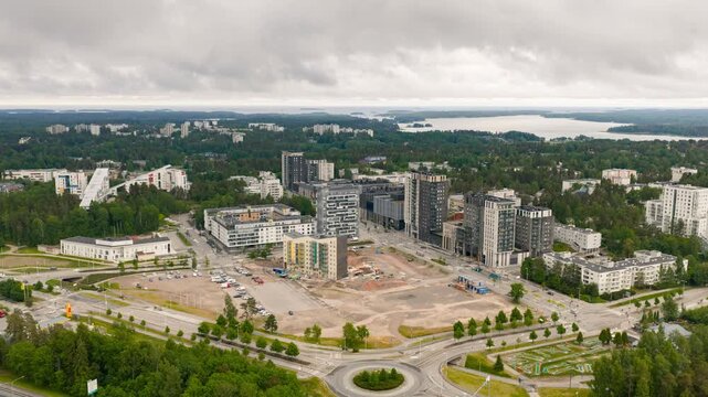 Aerial hyperlapse around the city center of Espoonlahti, cloudy day in Finland