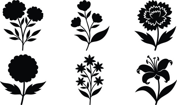 Floral Silhouette Icon Set with Carnation Lily and Marigold Blossoms Vector Illustration for Spring Wedding Invitations, Cosmetic Branding, and Elegant Package Designs