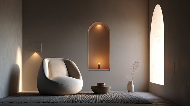 A modern, minimalist interior design with a zen-inspired living room