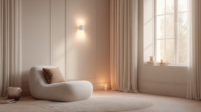 A modern, minimalist interior design with a zen-inspired living room