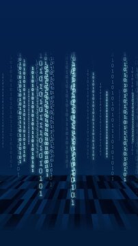 Falling binary code streams over geometric floor. Abstract falling binary code streams for data mainframe processing. Tech falling binary code streams on dark background.