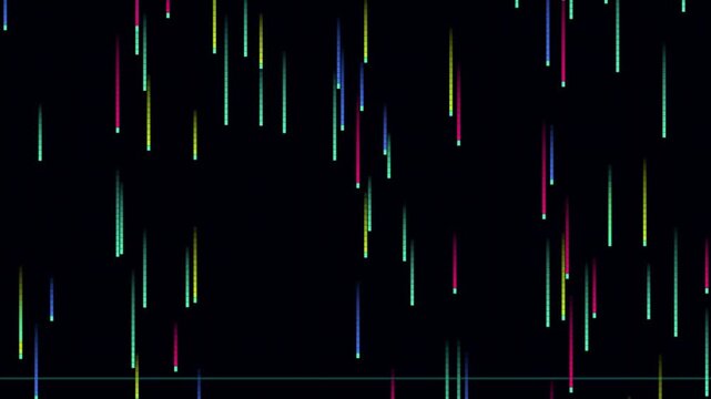 Retro Colorful Pixel Rain Falling On Black Background Digital Matrix Data Stream Sci-Fi Concept Abstract Neon Glowing Lines Loop