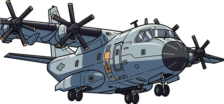 Military Cargo Transport Airplane Propeller Aircraft Vector Illustration Front 3/4 View