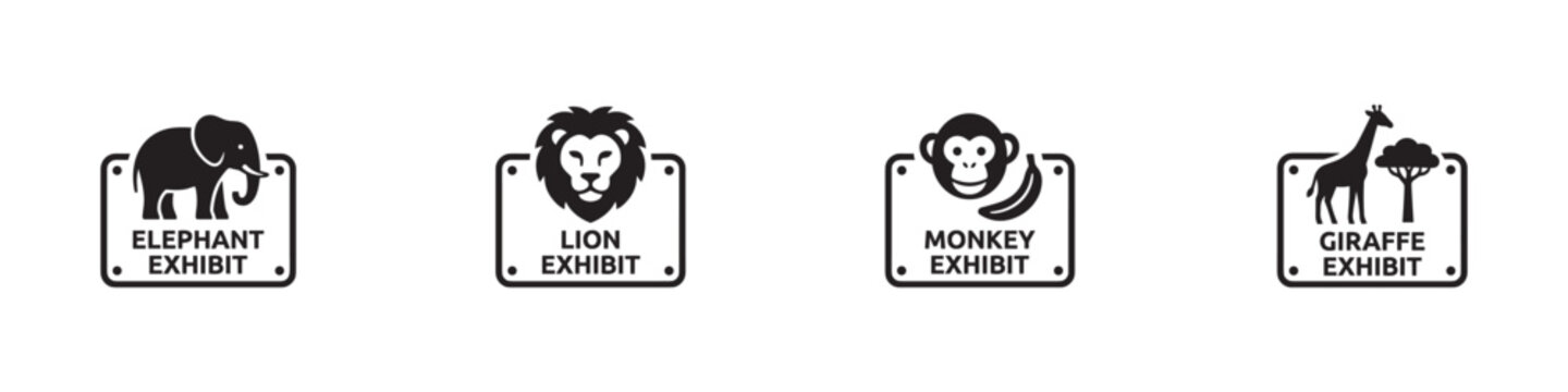 Zoo and safari park animal exhibit signs icon set. Elephant, lion, monkey and giraffe information boards. Navigation plate symbols. Vector illustration.