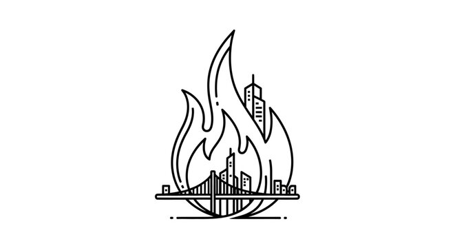 Stylized Line Art Cityscape Engulfed in Flames, Featuring Urban Skyline and Suspension Bridge - Crisis Icon Illustration