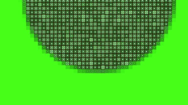 Top Down Radial Light Green Pixel Grid Wipe Transition Falling On Green Screen Background For Digital Video Effects