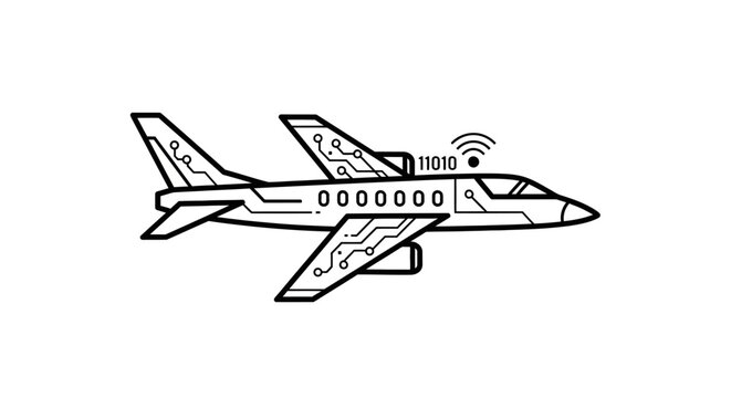Sleek Private Jet with Integrated Circuit Board Patterns and Wireless Signal. Concept of Future Aviation and Smart Technology.